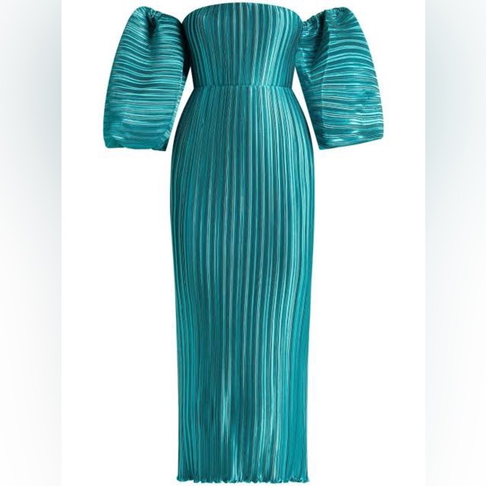 L'Idée Sirene Plissé Puff-Sleeve Dress Teal Size US 2 (AU 6) - Picture 2 of 4